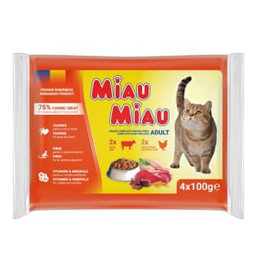 Miau Miau Cat Mix govedina in piščanec, žepek 100 g (4 pakiranja)