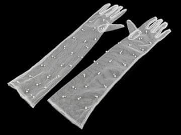 Dolge formalne rokavice iz tila z biseri - bele