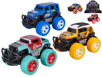 14 cm terenski avto z vztrajnikom - mešanica barv (modra/rdeča, zelena/rumena, oranžna/turkizna)