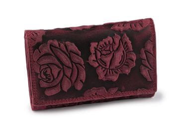 Ženska usnjena denarnica 3D rože 10x15 cm - bordo sv.