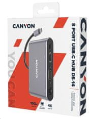 Canyon replikator vrat DS-14 8v1, 1xUSB-C PD 100W, 1xHDMI (4K), VGA, 3xUSB-A 3.0, RJ45 Gb, 3,5 mm priključek