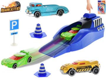 Roadblasters set avtomobilov 6,5 cm 3 kosi izmet + prometni znaki - mešanica barv (rdeča, modra)