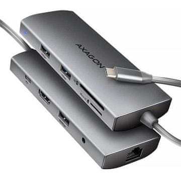 AXAGON HMC-8HLSA, vozlišče USB 5Gb/s, 3x USB-A, HDMI 4k/60Hz, RJ-45 GLAN, SD/microSD, zvok, PD 100W, kabel USB-C 20cm