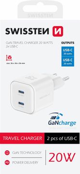SWISSTEN Swisstenov napajalnik GaN 2x USB-C 20W, bela barva