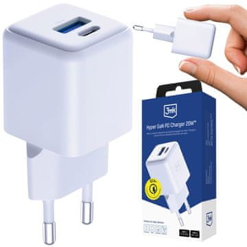 3MK Beli omrežni polnilnik, hitro polnjenje 20W QC4+ PD PPS, dva priključka USB-C USB-A 3mk Hyper GaN PD Charger