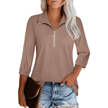 Nikcorp Ženska bluza pulover z zadrgo rjava, elegantna, 3/4 rokavi, V-izrez in visok ovratnik, pletenina, poslovna XXL