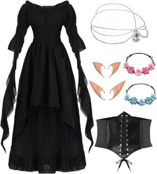 Nikcorp Gotska obleka ženska srednjeveška viktorijanska s steznikom in dodatki, pustni kostum, črna M