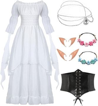 Nikcorp Gotska srednjeveška obleka bela L, kostum z dodatki, steznik, vilinska ušesa, krona