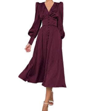 Nikcorp Satenasta maksi obleka bordo rdeča, elegantna z napihnjenimi rokavi, V-izrez, A-kroj, vintage stil XS