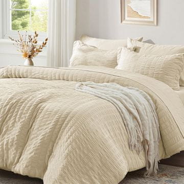 Nikcorp Bež posteljnina 155x220 iz mikrovlaken, dvostranska, seersucker, lahka in zračna, komplet z zadrgo in 2 prevlekama 80x80