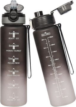 Nikcorp Športna steklenica za vodo 1L iz tritana, motivacijska s časovnimi oznakami, slamico in 2 pokrovčkoma