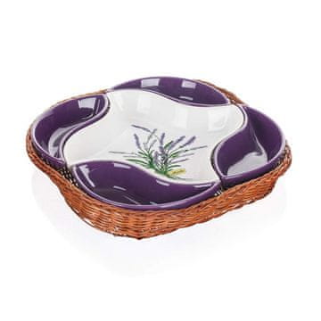 Banquet Komplet skodelic 5 kosov 28x28cm LAVENDER, v košarici, keramika/pletivo