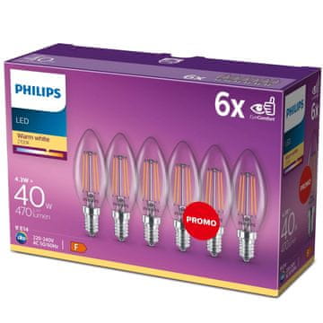 Philips 6 paketov LED E14 Crown 4W (40W) prozorna 470lm