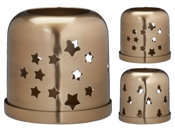 Svečnik kovinski 85x85x80 mm za čajno svečo zvezda, mešanica dreves, zlato