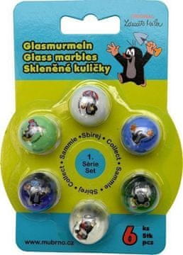 Moravská ústředna 6 kosov steklenih kroglic Krtek na kartici 12x16,5cm