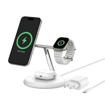 Belkin BOOST CHARGE PRO Qi2 3v1 brezžično polnjenje za iPhone/Apple Watch/AirPods, belo