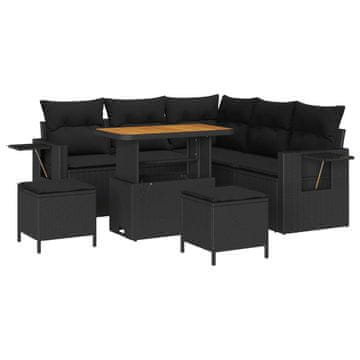 Vidaxl Vrtna sedežna garnitura z blazino 9 pcs Črna poli ratan