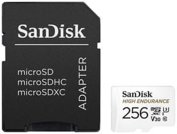 SanDisk High Endurance microSDXC 256GB / C10, U3, V30 / videoposnetki Full HD / 4K / nadzorne kamere in spremljanje doma / + adapter SD
