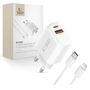 Tech-protect NCA45W GaN polnilnik USB / USB-C 45W PD QC + kabel Lightning, bela
