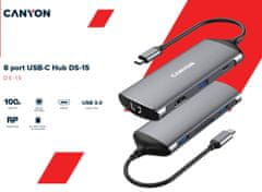 Canyon replikator vrat DS-15 8v1, 1xUSB-C PD 100W, 1xHDMI (4K), VGA, 2xUSB-A 3.0, 1xUSB-A 2.0 RJ45 Gb, 3,5mm jack, SD/m