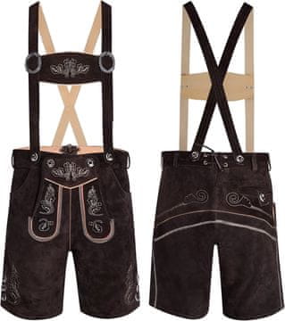 Nikcorp Moške usnjene hlače za Oktoberfest z naramnicami, temno rjave, goveje usnje, tradicionalno vezenje, velikost 46 (79 cm)