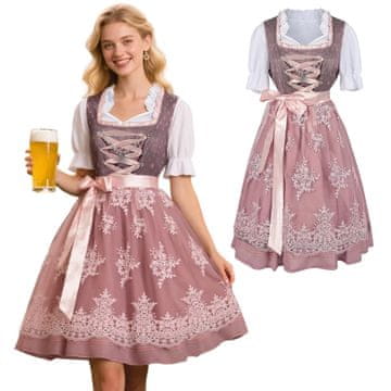 Nikcorp Ženska dirndl midi obleka za Oktoberfest, tradicionalna vezenina in teliran korzet, bordo-roza barva, velikost L
