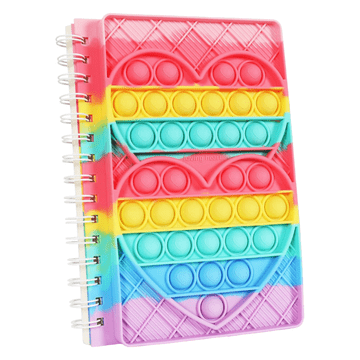 Nikcorp Beležnica Pop It A5 za otroke, antistresni zvezek s silikonsko platnico, motiv mavrično srce, 50 črtanih listov, pisana