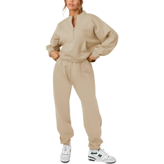 Nikcorp Ženski trenirka komplet pulover s polovično zadrgo in hlače, bombaž s flisom, športen in topel, bež barva, velikost XXL