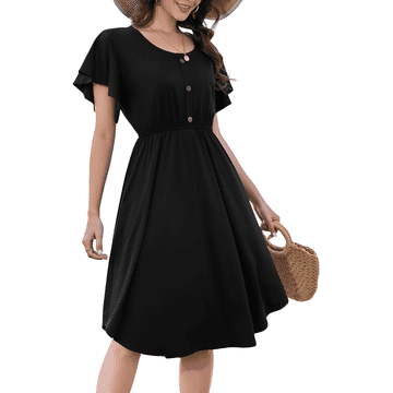 Nikcorp Ženska midi obleka z žepi, poletna bombažna obleka s kratkimi rokavi in gumbi, zračna, črna, XL, dolžina do kolen
