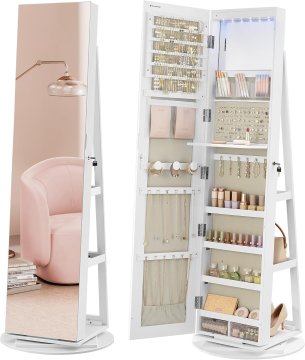 Songmics Omarica za nakit, brezokvirno ogledalo, 55x55x162 cm, bela