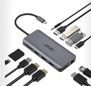 Acer 12v1 priklopna postaja/ključ USB-C: 2×USB3.2, 2×USB2.0, bralnik 1×SD/TF 2×HDMI,1×PowerDelivery,1×DP,1×RJ45,1×3.5 Audio