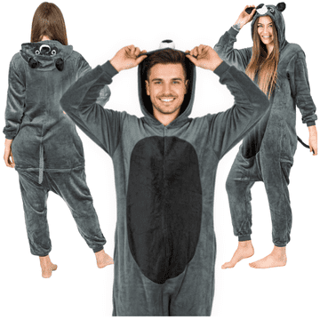 Zolta Topla moška kigurumi pižama onesie z rakunom in zadrgo, siva, z rakunom, velikost XL