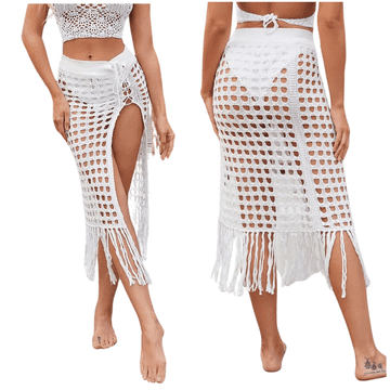 shumee Belo midi krilo za na plažo z odprtim potiskom, boho poletje, elegantno ravno z resicami, velikost M