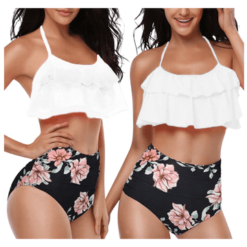 shumee Bikini kopalke z visokim pasom in naborki, bele, črne, XL Bikini kopalke z visokim pasom in naborki, bele, črne, XL