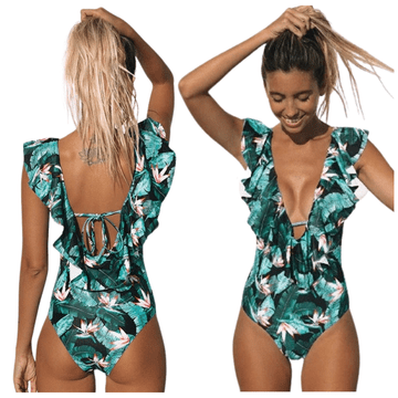 shumee Enodelne kopalke z naborki, potiskom listov, z zavezami, monokini Enodelne kopalke z naborki, potiskom listov, z zavezami, monokini S