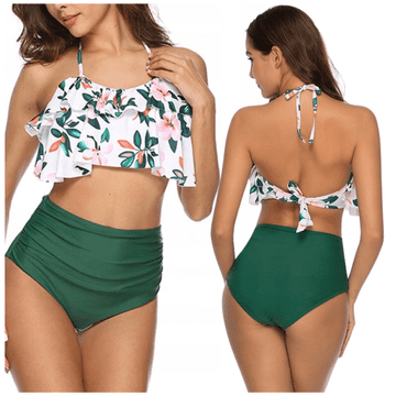 shumee Kopalke XL z nabrano bikini obleko z visokim pasom in cvetličnim vzorcem v zeleni barvi.