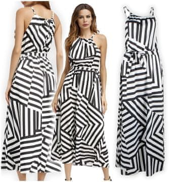 shumee Poletna maksi obleka s črno-belimi črtami in zavezami, grški boho, plus velikost XL L