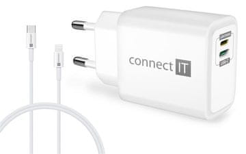 Connect IT Adapter DUPLEX za polnjenje 1xLightning + 1×USB-C, 20W, kabel 27W, bel