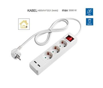 Optonica Podaljšek 3 x vtičnica s stikalom in USB priključkom