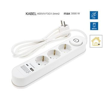 Optonica Podaljšek 3 x vtičnica s stikalom in USB priključkom (A+C)