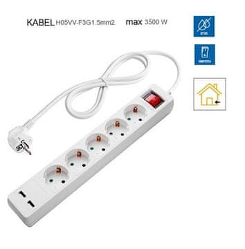 Optonica Podaljšek 5 x vtičnica s stikalom in USB priključkom