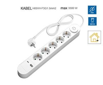 Optonica Podaljšek 5 x vtičnica s stikalom in USB priključkom (A+C)