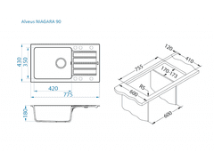 Alveus Granital pomivalno korito NIAGARA 90 z odcejalno površino, 775 x 430, črna