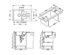 Alveus Granital pomivalno korito ROCK 70, dvojno, z odcejalno površino, 780x480, bela