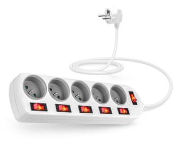 Podaljševalni kabel CONNECT IT, 5 vtičnic, 2 m, s stikali (bel)
