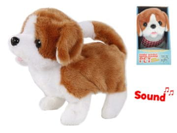 Plišasti pes 17 cm belo-rjave barve za hojo na baterije z zvokom