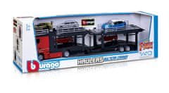 BBurago - STREET FIRE, tovornjak s prikolico Multicar Carrier M-B Actros + Reanult Captur, 1:43