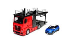 BBurago - STREET FIRE, tovornjak s prikolico Multicar Carrier M-B Actros + Reanult Captur, 1:43