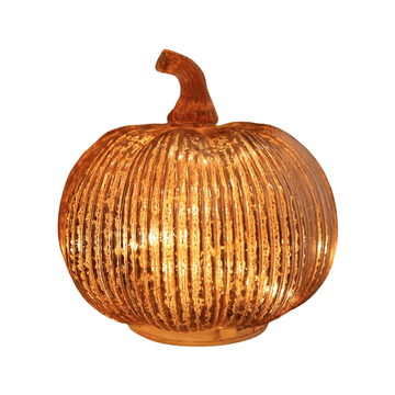 Nikcorp Dekorativna osvetljena buča iz živega srebra, barva rožnato zlato, steklena namizna svetilka s tajmerjem, 14 cm, 3xAAA