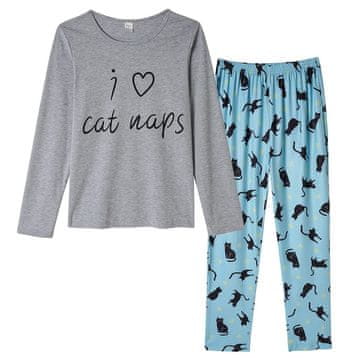 Nikcorp Ženska pižama komplet z dolgimi rokavi, bombažna majica in hlače, motiv mačke, sivo-modra barva, velikost L